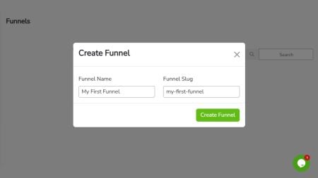 A popup titled "Create Funnel" with "Funnel Name" and "Funnel Slug" input fields, and a "Create Funnel" button