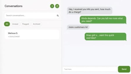 A dashboard showing a conversation with Melissa D. in a messaging interface, with the chat on the right and conversation list on the left.