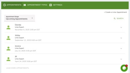 An "Appointments" dashboard displaying a list of upcoming appointments with "Lime Expert" individuals like Glenda, Willie, Jessica, and JR