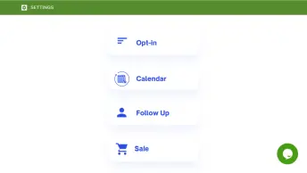Four blue-icon buttons representing automation options: "Opt-in," "Contact" "Follow Up," and "Sale"