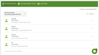 An "Appointments" dashboard displaying a list of upcoming appointments with "Lime Expert" individuals like Glenda, Willie, Jessica, and JR