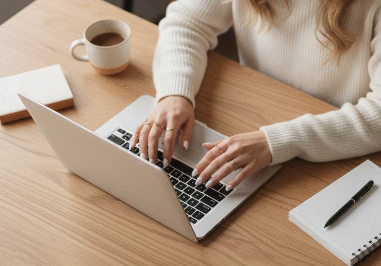 a female typing at her computer. She has some cute simple gold rings on and her nails are painting white.