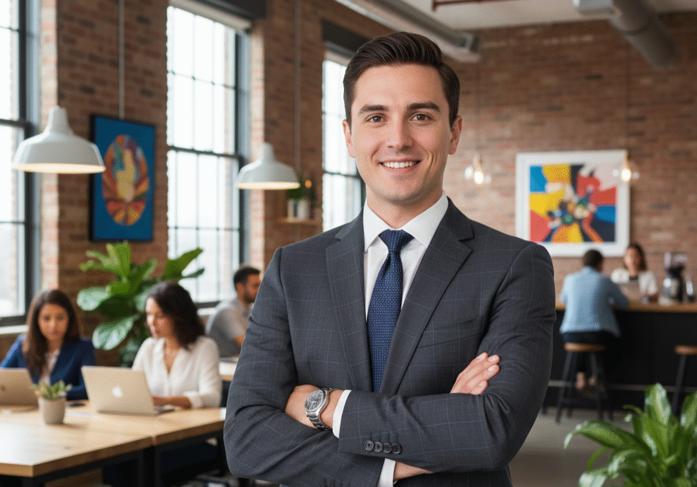 Professional man in a dark suit smiling in an office